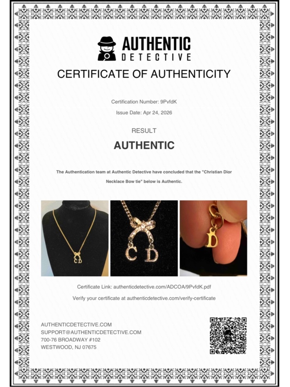 Dior Gold Bow Pendant Necklace with COA - Picture 6 of 6